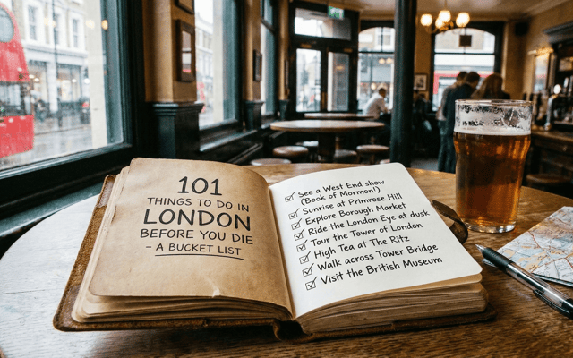 Handwritten 101 things to do in London bucket list notebook on a pub table with a pint and red bus outside