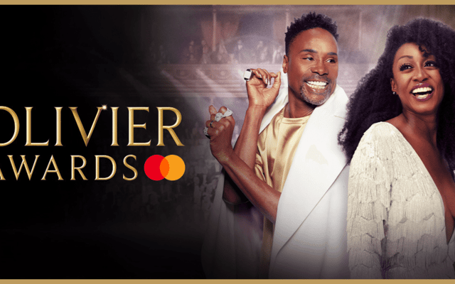 Olivier Awards branding with two performers in white beside a London theatre auditorium backdrop