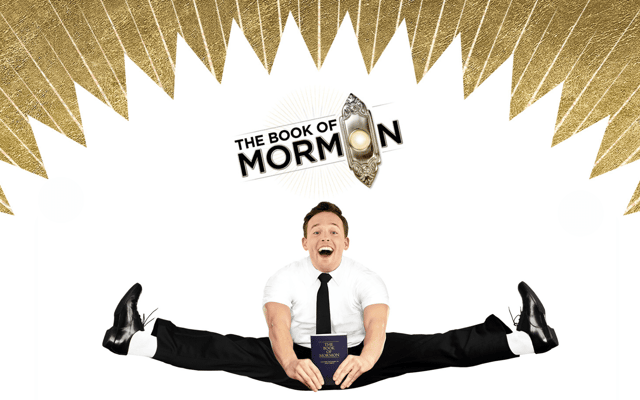 The Book of Mormon musical key art, a missionary doing the splits below the gold show logo