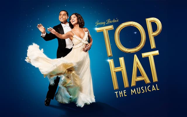 Top Hat The Musical poster with a couple ballroom dancing in evening dress against a starry blue sky
