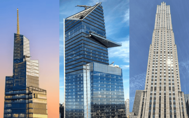 Three New York observation deck skyscrapers shown side by side against blue sky
