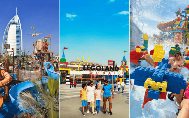 Triptych of Dubai theme parks: a water park by the Burj Al Arab, Legoland Dubai entrance and Legoland Water Park