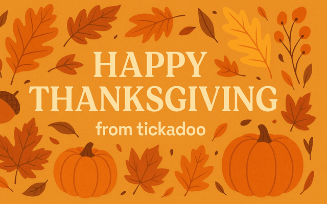 Illustrated Happy Thanksgiving card from tickadoo with autumn leaves, acorns and orange pumpkins