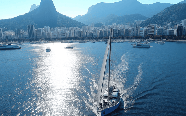 Sailing yacht cruising across sunlit water past a harbour and mountains