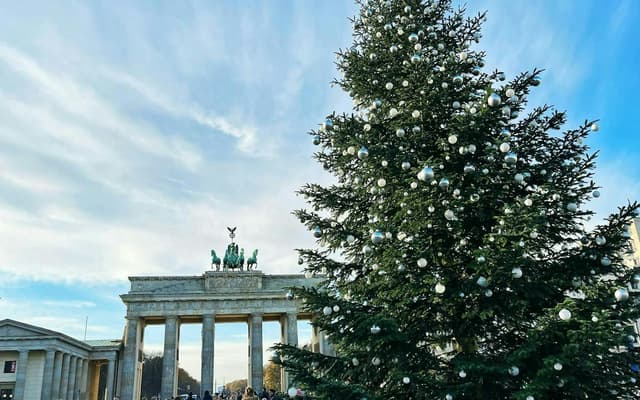 A tall Christmas tree in front of the Brandenburg Gate in Berlin