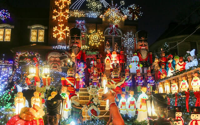 A Dyker Heights house covered in Christmas lights and decorations in Brooklyn