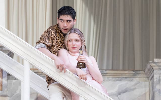 The company of Much Ado About Nothing performing on the open-air stage at Shakespeares Globe