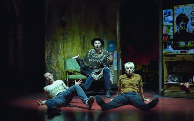 Lewis Kidd as Renton, Kieran Andrew as Spud and Sheridan Townsley as Sick Boy in Trainspotting The Musical at the Theatre Royal Haymarket