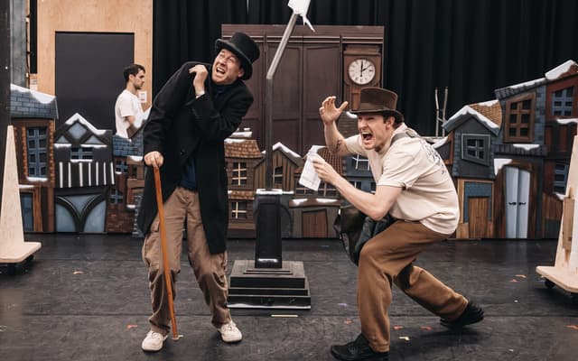 Adam Elliott and Dave Hearn rehearsing Christmas Carol Goes Wrong