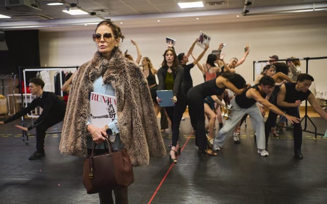 Teri Hatcher in sunglasses and a fur coat in rehearsal with The Devil Wears Prada company