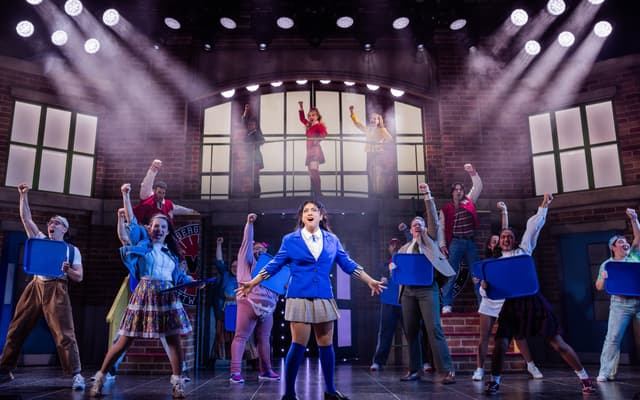 Veronica Sawyer and the cast of Heathers The Musical on stage at New World Stages