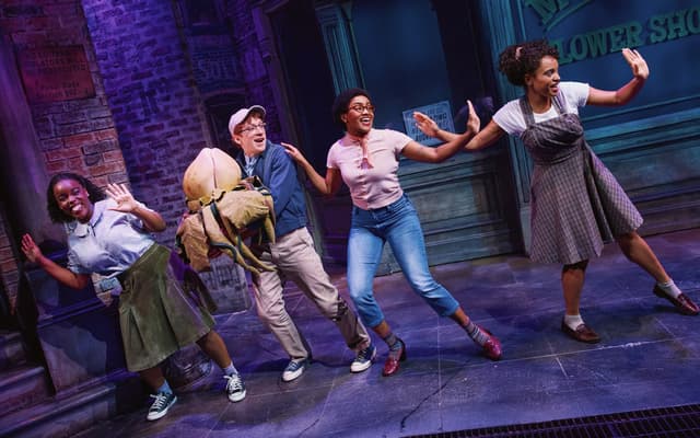 Seymour and the ensemble of Little Shop of Horrors on stage at the Westside Theatre