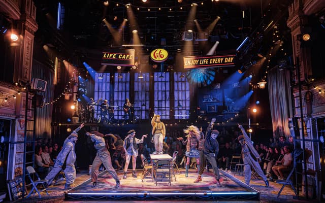 Gaten Matarazzo and the company of RENT on stage at the Tom Stoppard Theatre