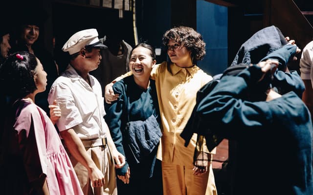 Victoria Chen, Steven Nguyen, Chui Yen and Helen Chong laughing backstage in costume at My Neighbour Totoro