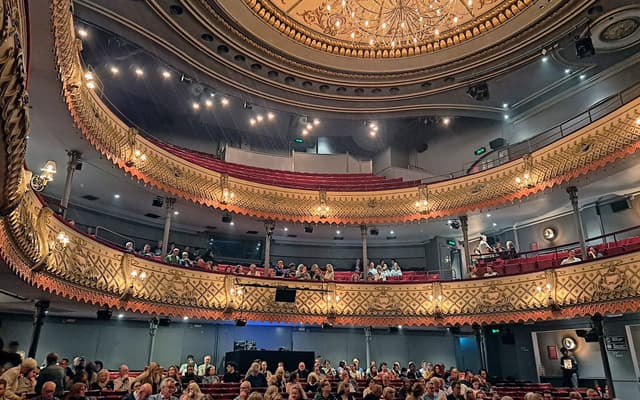 The Old Vic auditorium seen from the stage, showing the Stalls, Dress Circle and Baylis Circle