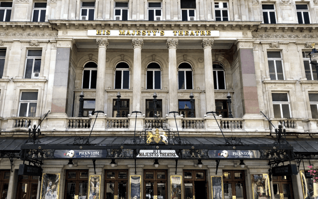 The Portland stone facade of His Majesty's Theatre on Haymarket in London