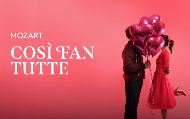 Mozart Cosi fan Tutte opera key art, a couple with pink heart balloons on a red background