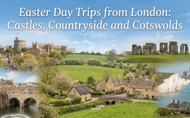 Day trips from London for Easter 2026. Windsor Castle, Stonehenge, Bath, the Cotswolds, Canterbury and Hampton Court with prices and tips.