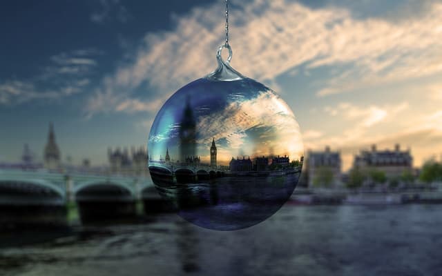 Glass Christmas bauble reflecting Big Ben and Westminster Bridge over the London Thames