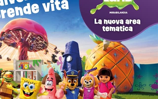 Nickelodeon Land theme park scene with SpongeBob, Patrick and PAW Patrol characters near Ravenna
