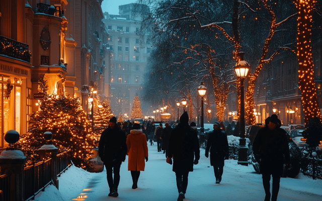 People walking a snowy New York street at dusk lined with festive fairy lights