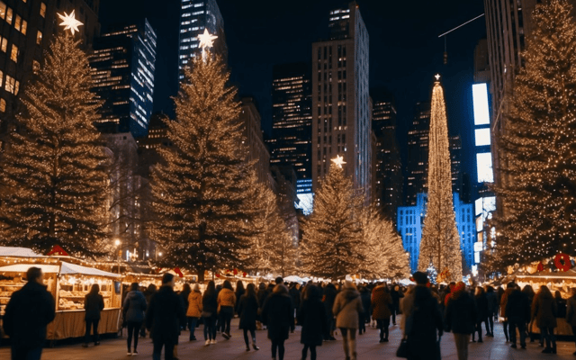 New York Christmas market glowing at night with lit trees and Midtown skyscrapers