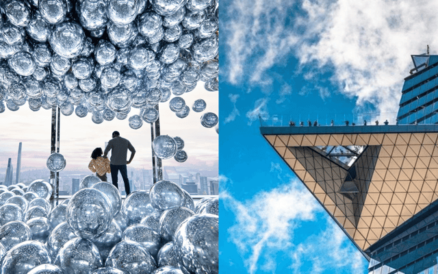 Summit One Vanderbilt mirrored sphere room and a glass observation deck against NYC sky