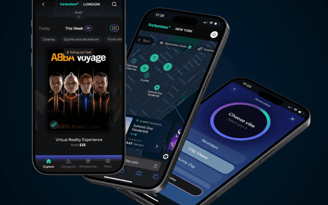 tickadoo app on three phones showing London ABBA Voyage, a New York map and vibe picker