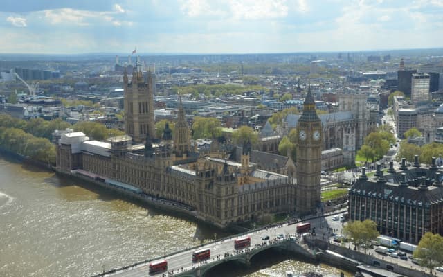 Aerial view of the Houses of Parliament and Big Ben beside the Thames in winter London