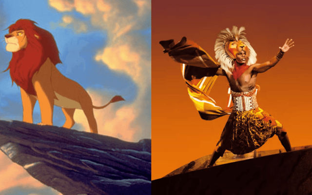 Split image of animated Lion King Simba and the West End stage Simba in lion costume