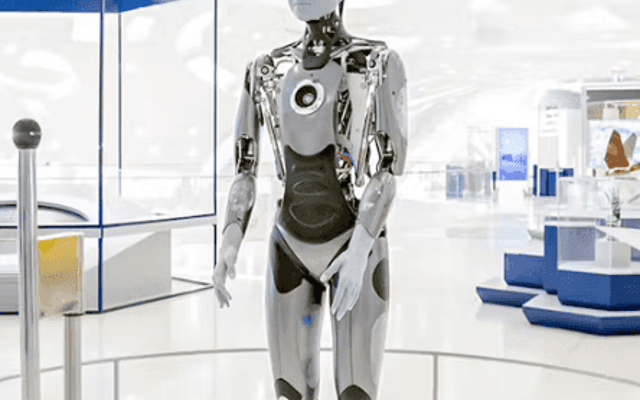 Humanoid robot statue standing in the bright white interior of Dubai's Museum of the Future