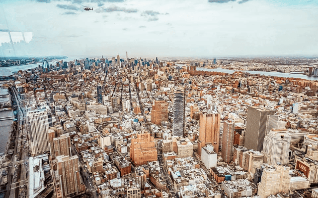 Aerial view of the Midtown Manhattan skyline and skyscrapers in New York City
