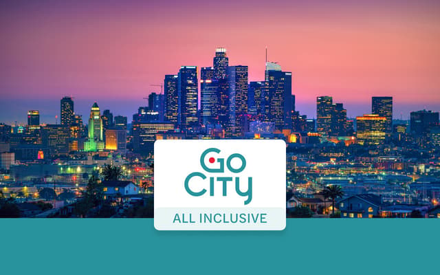 Los Angeles downtown skyline at dusk with a Go City all-inclusive attractions pass logo