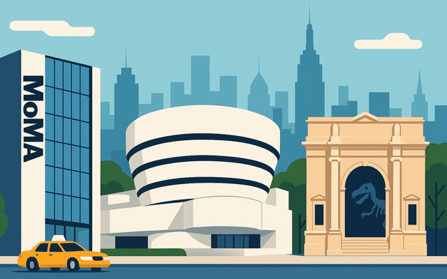 Illustration of New York museums with MoMA, the Guggenheim spiral and a yellow taxi