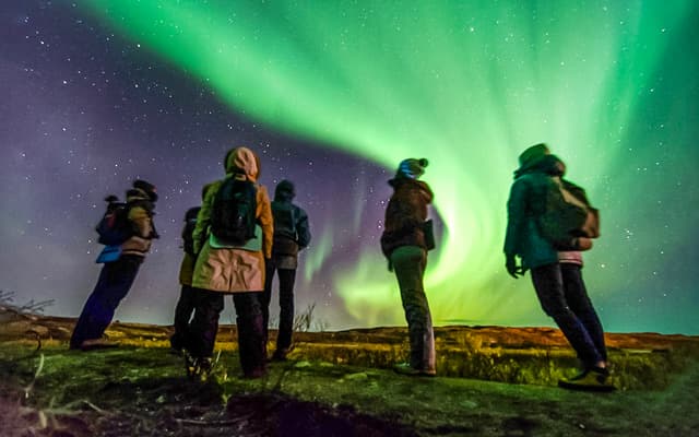 People watching the green Northern Lights in a starry night sky near Reykjavik, Iceland
