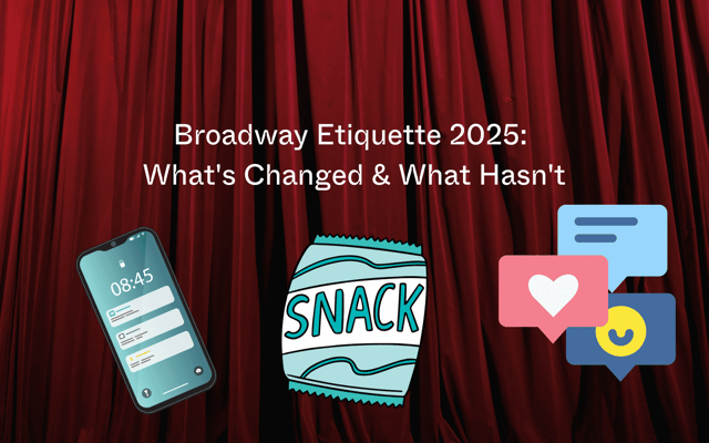 Illustrated Broadway etiquette scene with a phone, snack bag and chat bubbles over red theatre curtains