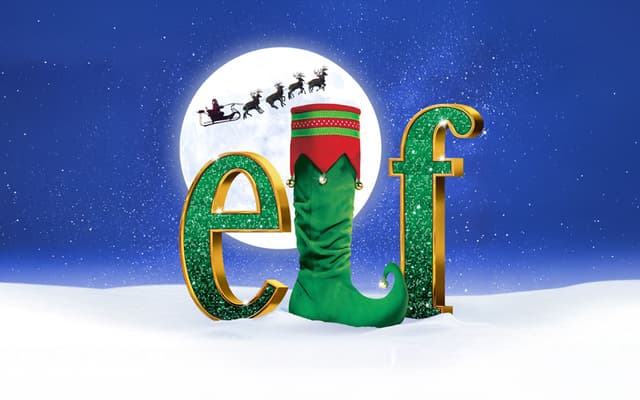 Elf The Musical logo with a green elf shoe and Santa's sleigh in the moonlit sky.