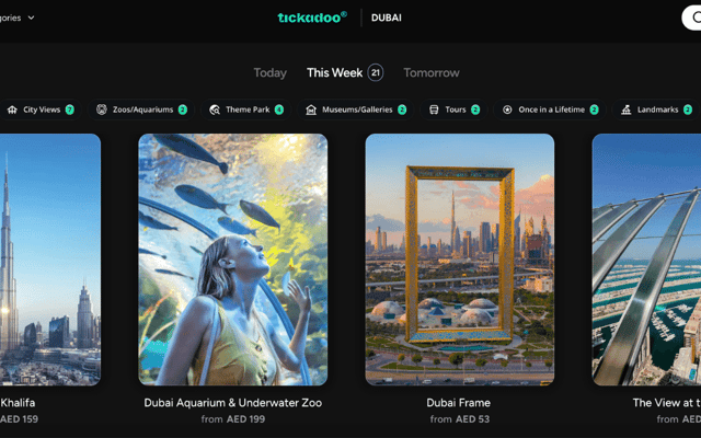 tickadoo app showing Dubai experiences including Burj Khalifa, Dubai Aquarium and Dubai Frame