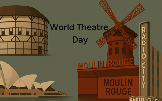 Illustrated World Theatre Day scene with the Globe, Sydney Opera House, Moulin Rouge and Radio City