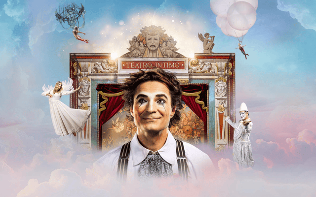 Cirque du Soleil Corteo artwork with the clown hero, floating angel and Teatro Intimo stage