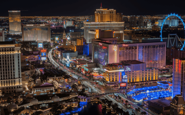 Views of the illuminated Las Vegas Strip from above.
