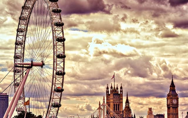 The London Eye wheel beside Big Ben and the Houses of Parliament under a cloudy sky