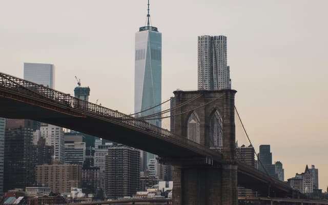 Brooklyn Bridge and the Lower Manhattan skyline with One World Trade Center on a grey winter day