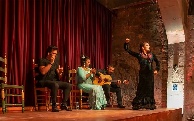 Live flamenco show in Barcelona with a dancer in a black dress, guitarist and singers on stage