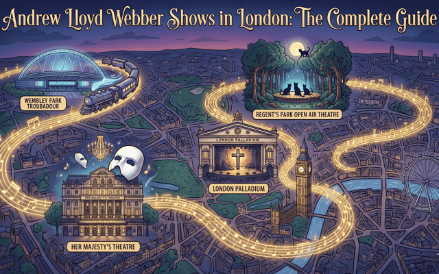 Illustrated map of London theatres on an Andrew Lloyd Webber musical trail with golden note path