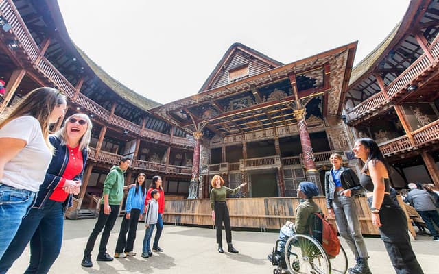Inside Shakespeare's Globe theatre in London, the open-air timber playhouse