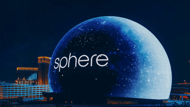 The Sphere in Las Vegas exterior lit up at night
