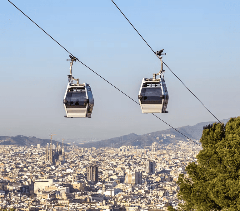 Montjuic cable car gondolas over the Barcelona skyline