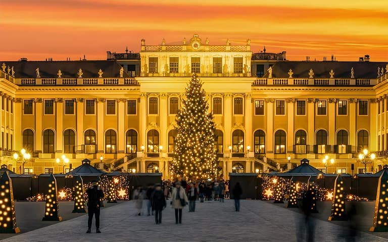 The Christmas market and illuminated Christmas tree in front of Schönbrunn Palace in Vienna