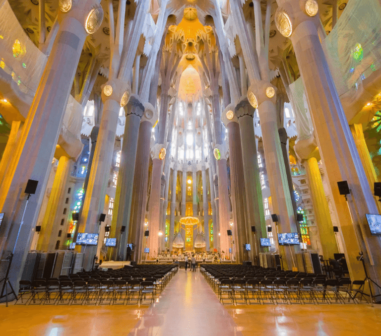 Sagrada Familia basilica interior with stained glass in Barcelona